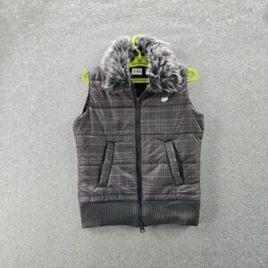 FOX Women Vest SMALL Gray Plaid Head Puffer Fur Trim Embroidered Logo